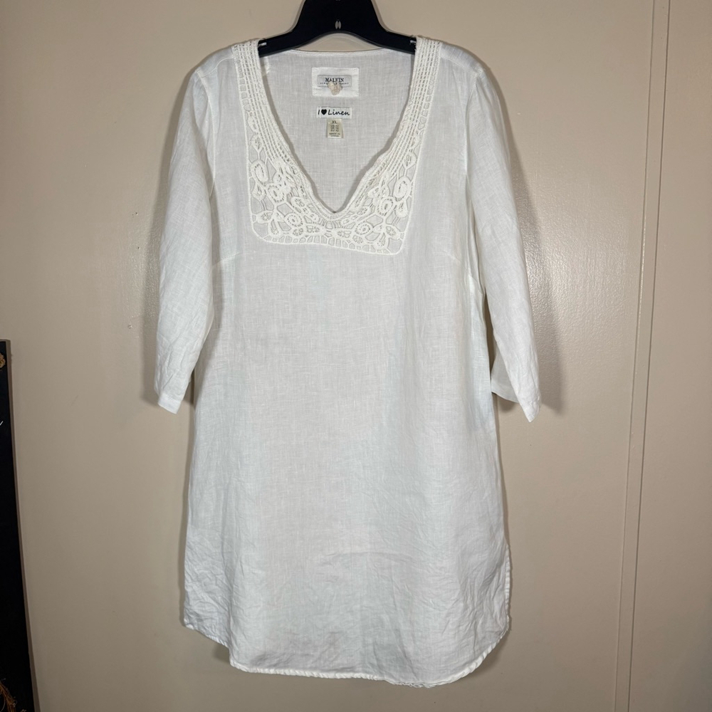 Malvin I Love Linen White 3/4 Sleeve Tunic Dress XL Lagenlook Embroidered